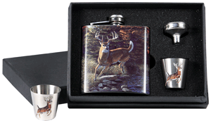 RIVERS EDGE POCKET FLASK WITH 2 SHOT GLASSES WHITETAIL DEER
