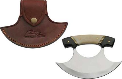 SZCO RITE EDGE 6" HORN & BONE HANDLE ULU W/LEATHER SHEATH
