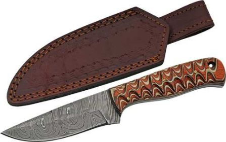 SZCO RITE EDGE 4" RED TWISTED WOOD HUNTER DAMASCUS W/SHEATH