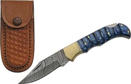 SZCO RITE EDGE 3" BLUE GROOVED WOOD DAMASCUS LOCKBACK W/SHTH