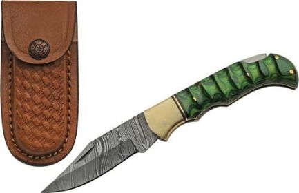 SZCO RITE EDGE 3" GREEN GROOVED WOOD DAMASCUS LOCKBACK